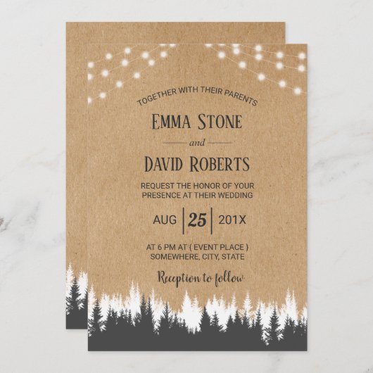 Rustic Pine Trees & String Lights Forest Wedding Kaart (Voorkant / Achterkant)