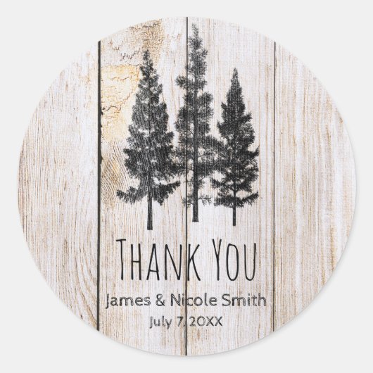 Rustic Pine Trees wooden Simple Country Weddenscha Ronde Sticker (Voorkant)