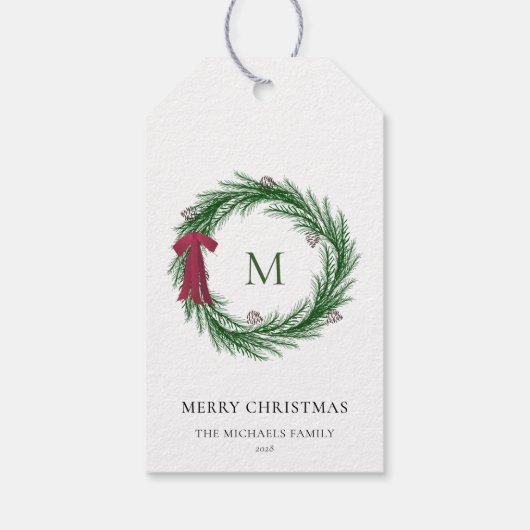Rustic Pine Waterverf Holiday Wreator Monogram Gi Cadeaulabel (Achterkant)