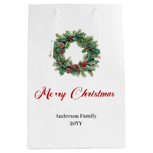 Rustic pine wreath Christmas gift bag custom Medium Cadeauzakje (Voorkant)