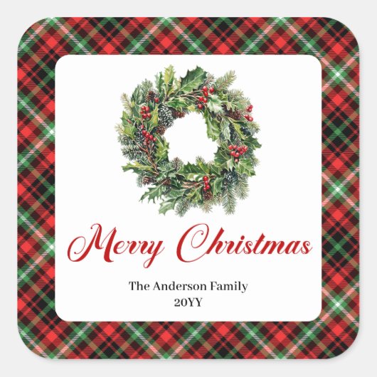 Rustic Pine Wreath Christmas Stickers Personalized (Voorkant)