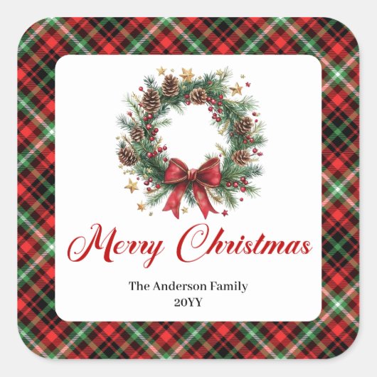 Rustic Pine Wreath Custom Name Christmas Stickers (Voorkant)