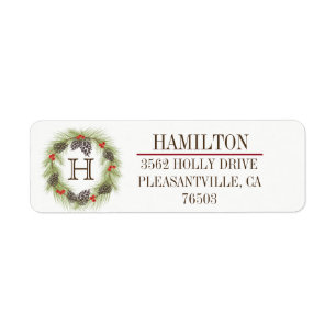 Rustic Pine Wreath Monogram Holiday Etiket
