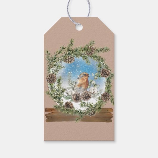 Rustic Pine Wreath Snow Wereldbol en Label met vog Cadeaulabel (Voorkant)