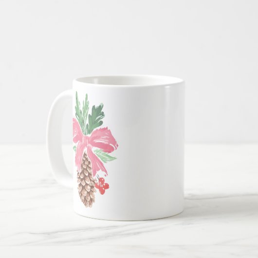 Rustic Pinecone Christmas Mug with Red Bow Koffiemok (Voorkant links)