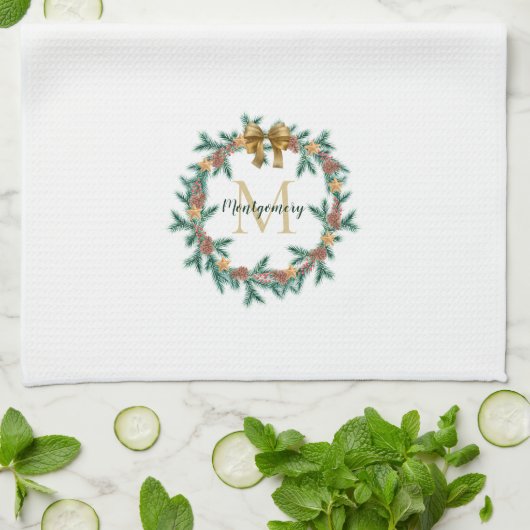 Rustic Pinecone | Sterren kerstgeschreeuw monogram Theedoek (Gevouwen)