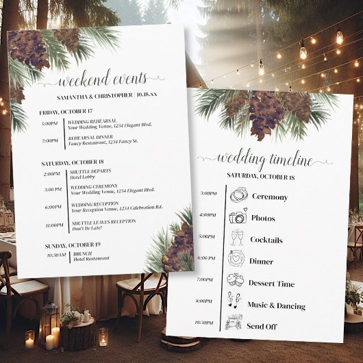 Rustic Pinecones Huwelijks Evenementen & Tijdschem Programmakaart
