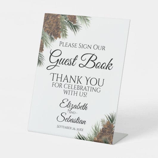 Rustic Pinecones Onderteken ons gastboek Reclamebord Met Voetstuk (Voorkant)