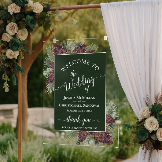 Rustic Pinecones & Pine Branches Wedding Welcome Acryl Bord