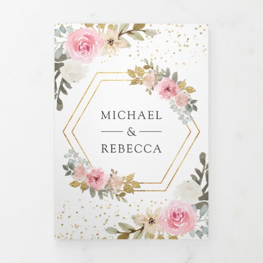 Rustic Pink and Gold Floral Photo QR Code Weddensc Drieluik Uitnodiging (Cover)