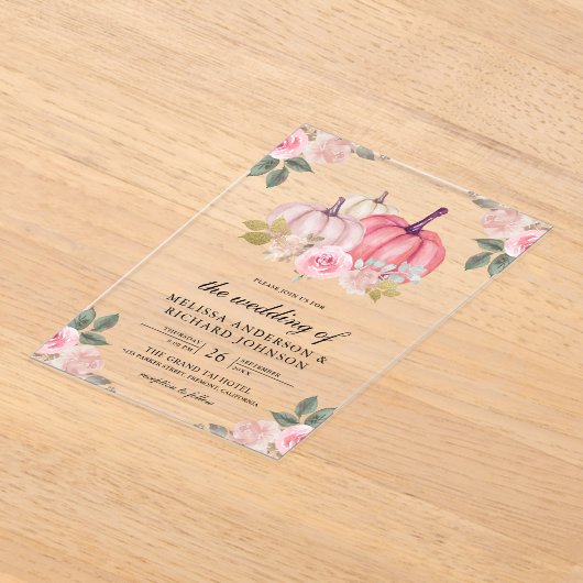 Rustic Pink and Gold Pumpkin Floral Wedding Acryl Uitnodigingen (Laagn)