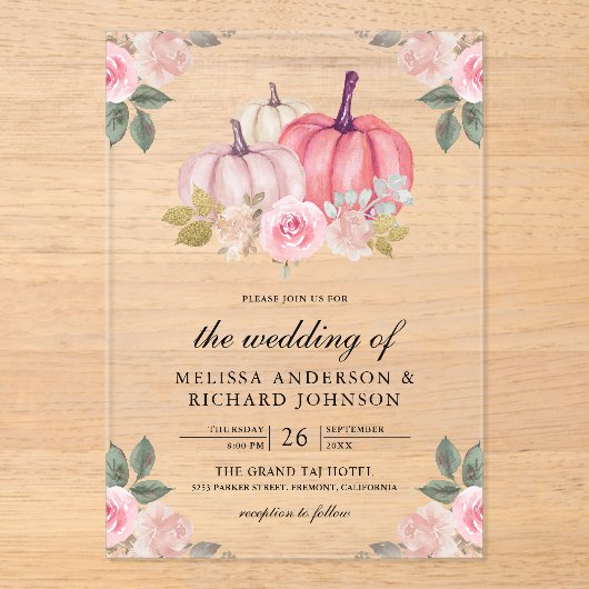 Rustic Pink and Gold Pumpkin Floral Wedding Acryl Uitnodigingen (Voorkant)