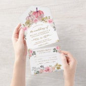 Rustic Pink and Gold Pumpkin Floral Wedding All In One Uitnodiging (Afscheurbaar)