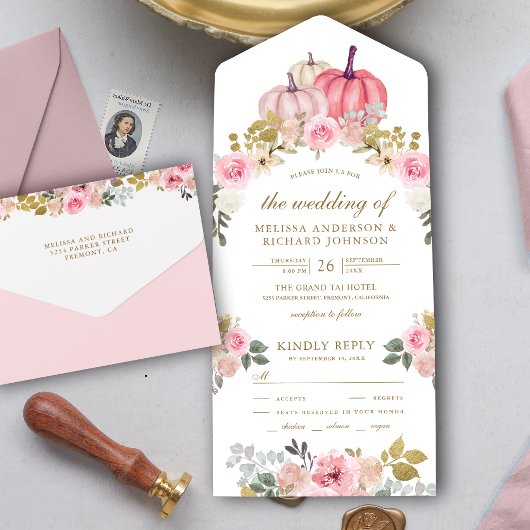 Rustic Pink and Gold Pumpkin Floral Wedding All In One Uitnodiging