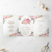 Rustic Pink and Gold Pumpkin Floral Wedding Drieluik Uitnodiging (Binnen)