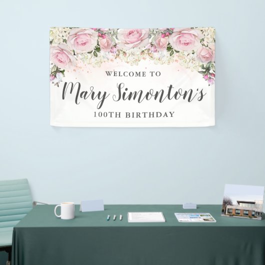 Rustic Pink and White Floral 100th Birthday Spandoek (Beurs)