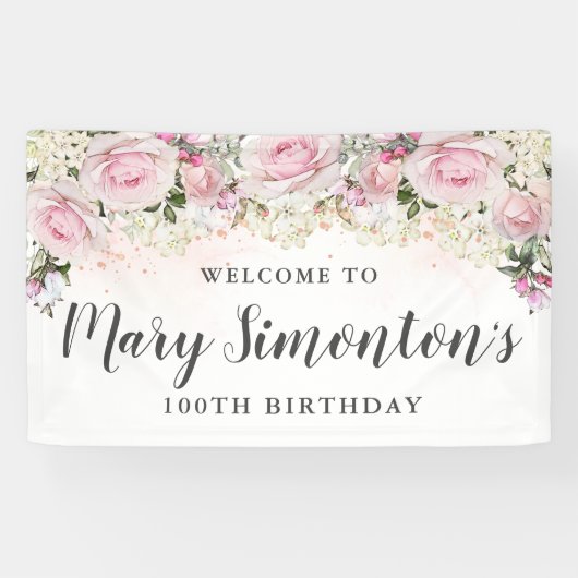 Rustic Pink and White Floral 100th Birthday Spandoek (Horizontaal)
