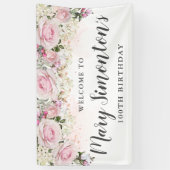 Rustic Pink and White Floral 100th Birthday Spandoek (Verticaal)
