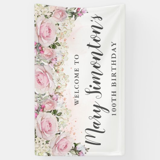 Rustic Pink and White Floral 100th Birthday Spandoek (Verticaal)