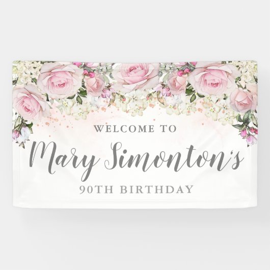 Rustic Pink and White Floral 90th Birthday Spandoek (Horizontaal)