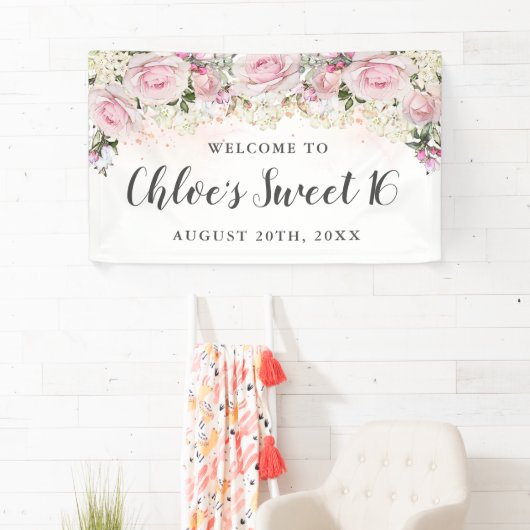 Rustic Pink and White Floral Sweet 16 Party Spandoek (Insitu)