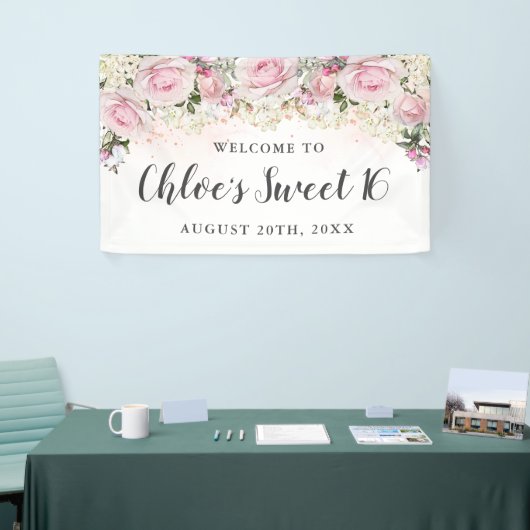 Rustic Pink and White Floral Sweet 16 Party Spandoek (Beurs)