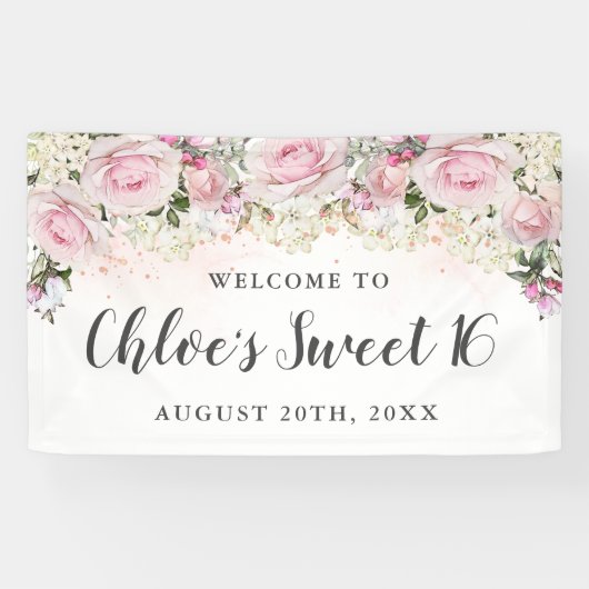 Rustic Pink and White Floral Sweet 16 Party Spandoek (Horizontaal)
