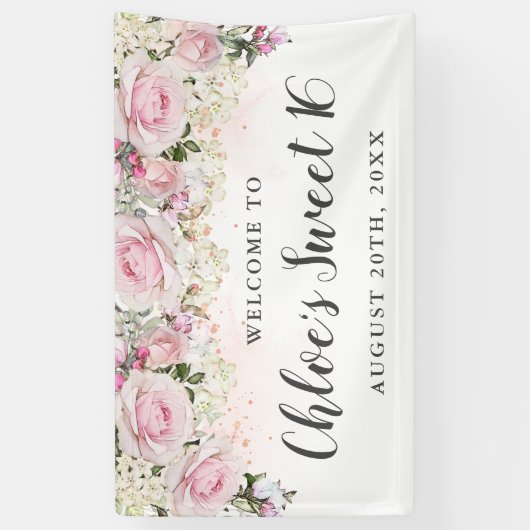 Rustic Pink and White Floral Sweet 16 Party Spandoek (Verticaal)
