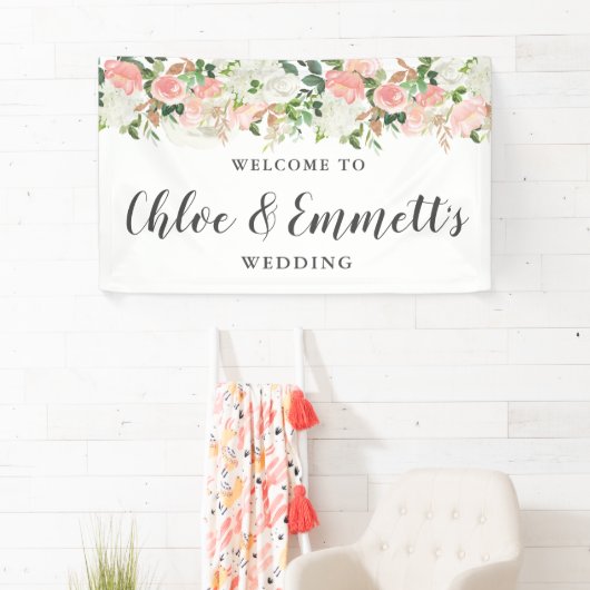 Rustic Pink and White Floral Wedding Banner (Insitu)