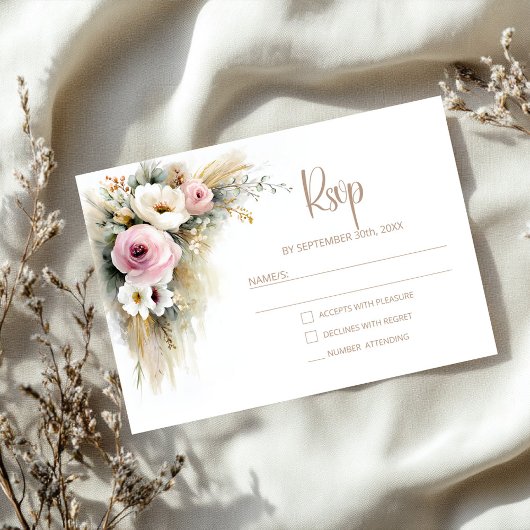 Rustic Pink and White Floral Wedding RSVP Kaartje