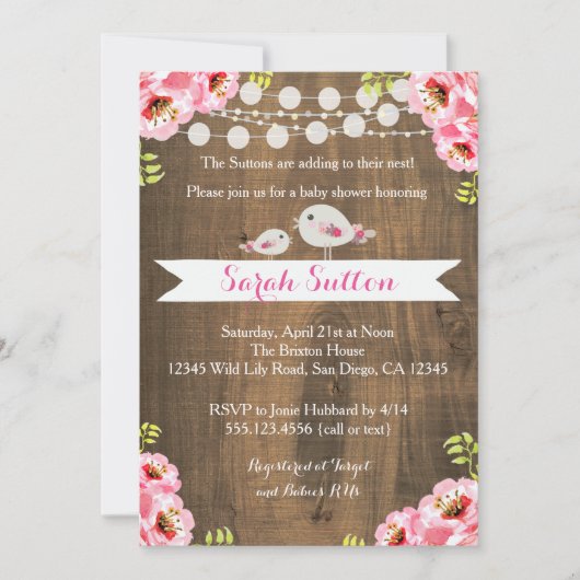 Rustic Pink Baby Bird Girl Shower Kaart (Voorkant)