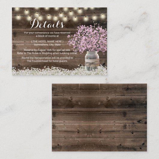 Rustic Pink Baby's Breath Hotel Accommodations Informatiekaartje (Voorkant / Achterkant)