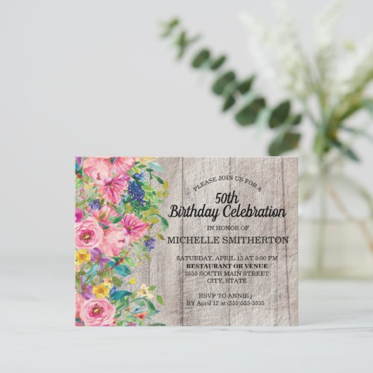 Rustic Pink Blue Waterverf Floral 50th Birthday Briefkaart (Staand voorkant)
