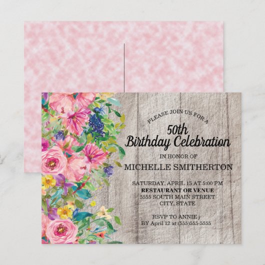 Rustic Pink Blue Waterverf Floral 50th Birthday Briefkaart (Voorkant / Achterkant)