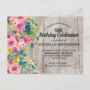 Rustic Pink Blue Waterverf Floral 50th Birthday Briefkaart