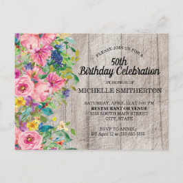Rustic Pink Blue Waterverf Floral 50th Birthday Briefkaart