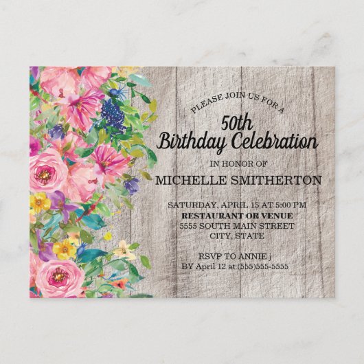 Rustic Pink Blue Waterverf Floral 50th Birthday Briefkaart (Voorkant)