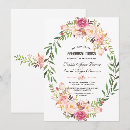 Rustic Pink Blush Floral Bloom repesal Dinner Kaart (Voorkant / Achterkant)