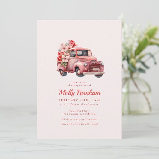 Rustic Pink Boerderij Truck Floral Girl Baby showe Kaart (Staand voorkant)