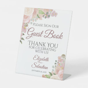 Rustic Pink Boho Floral Gelieve ons gastboek te on Reclamebord Met Voetstuk