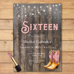 Rustic Pink Boots Cowgirl Sweet 16 Verjaardag Kaart<br><div class="desc">Zadelen voor een boot-stompin 'viering! Deze rustieke westerne Sweet Sixteen-uitnodiging heeft een charmante verweerde barnwood-achtergrond, gloeiende strijklichten en een stijlvol paar roze en bruine cowgirl-laarzen. Perfect voor het plattelandsmeisje, dit ontwerp zet het podium voor een avond vol plezier, gelach en landelijke charme. Maak je klaar om je hakken te trappen...</div>