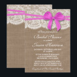 Rustic Pink Bow, Burlap & Lace Vrijgezellenfeest Kaart<br><div class="desc">Deze roze roze boog, burlap en lace bridal doucheuitnodiging zullen de perfecte aankondiging zijn voor elke bruid-om-te-zijn! Het ontwerp is voorzien van een prachtige rustische achtergrond met een romantische , witte rand-achtige, afgewerkte trim met een verbluffende roze boog. Deze uitnodigingen kunnen gepersonaliseerd worden voor je speciale gelegenheid en maken de...</div>