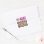 Rustic Pink Bow, Burlap & Lace Vrijgezellenfeest Vierkante Sticker (Envelop)