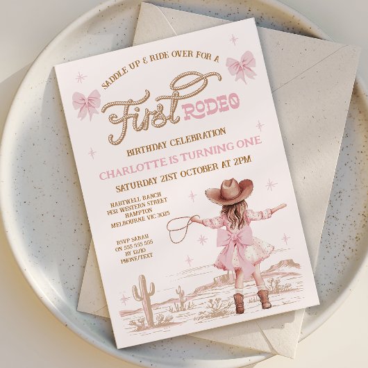 Rustic Pink Bows Girls Eerste Rodeo 1e Verjaardag Kaart