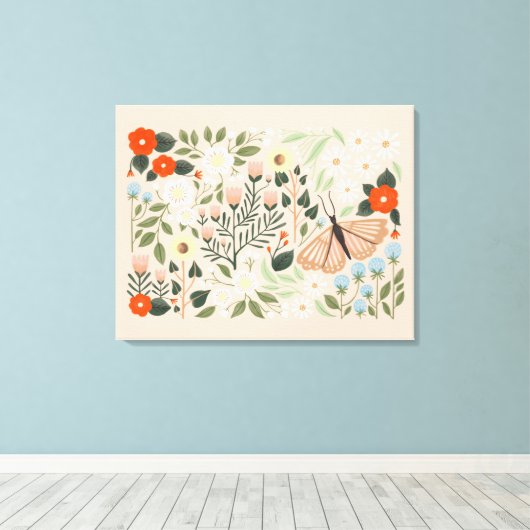 Rustic Pink Brown Boho-Chic Floral Butterfly Art Canvas Afdruk (Insitu (Houten vloer))