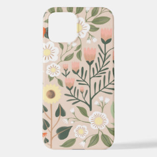 Rustic Pink Brown Boho-Chic Floral Illustration  iPhone 12 Hoesje