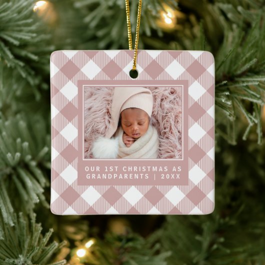 Rustic Pink Buffalo Pset 1st Grootouders Foto Keramisch Ornament (Boom)