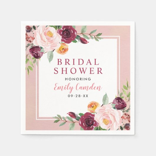 Rustic Pink Burgundy Floral Wedding Vrijgezellenfe Servet (Voorkant)