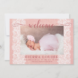 Rustic Pink Burlap & Lace Baby Girl Foto geboorted Aankondiging