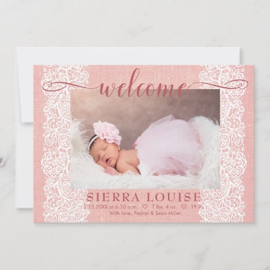 Rustic Pink Burlap & Lace Baby Girl Foto geboorted Aankondiging (Voorkant)